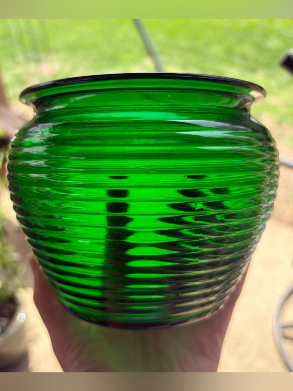 VTG Green Rib Glass Beehive Vase Planter National Pottery Co. Cleveland Ohio USA
